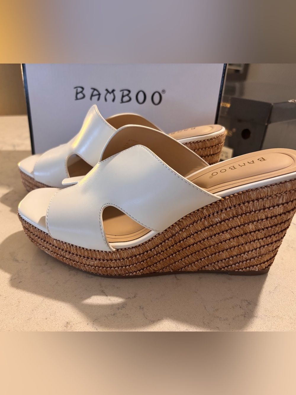Versona White Wedge Slide Sandals with Tan Raffia Platform